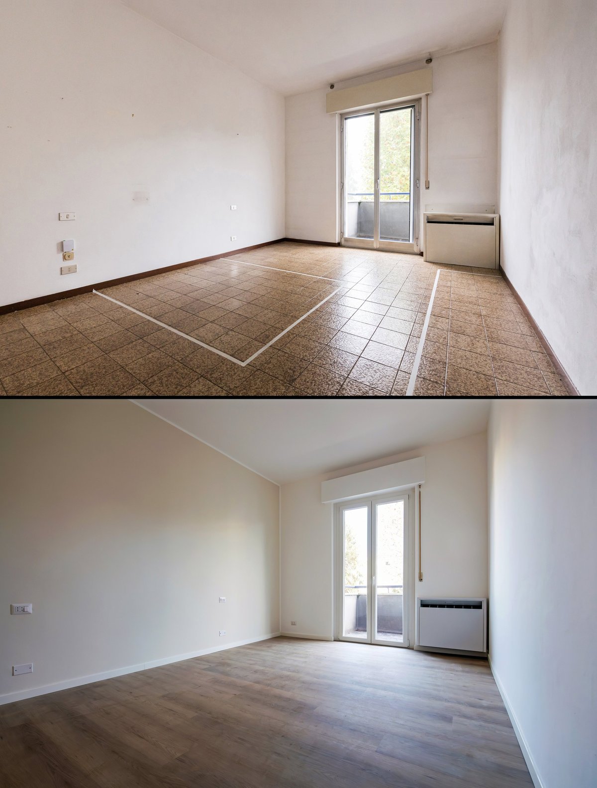 Before and after bedroom renovation with new floor